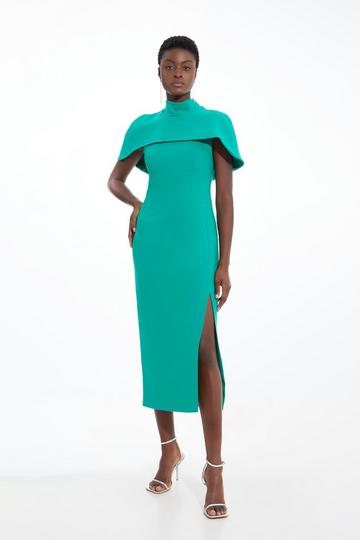 Emerald Green Compact Stretch Caped Cap Sleeved Neck Tie Tailored Midi Dress