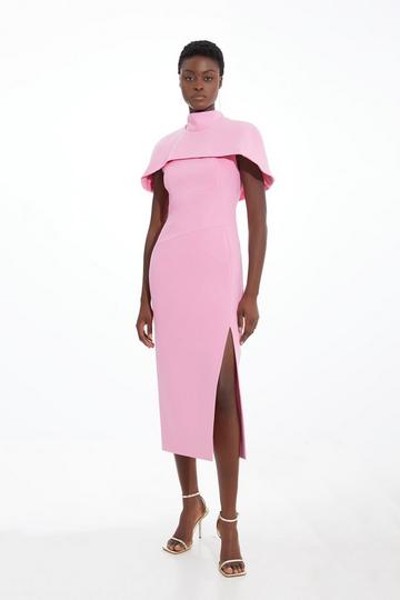 Pink Compact Stretch Caped Cap Sleeved Neck Tie Tailored Midi Dress