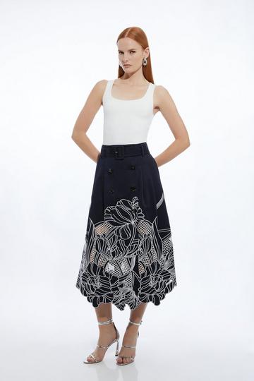 Navy Tailored Cotton Cutwork Embroidered Belted Midi Skirt