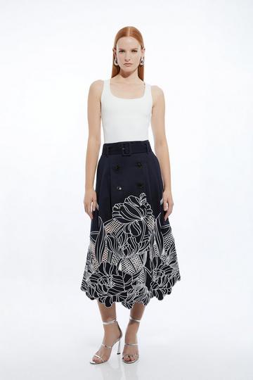Petite Tailored Cotton Cutwork Embroidered Belted Midi Skirt navy