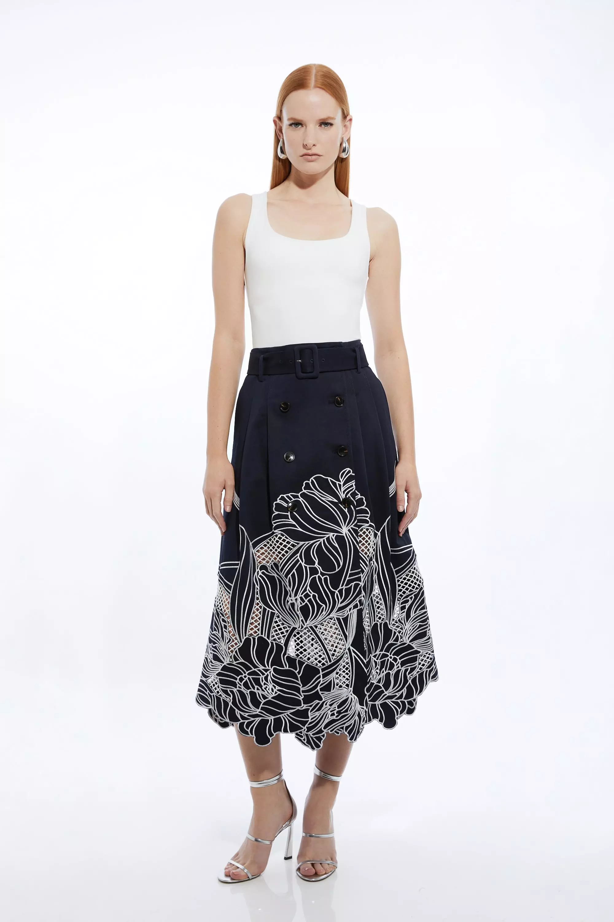 Karen Millen Womens Petite Tailored Cotton Cutwork Embroidered Belted Midi Skirt Navy Size 8