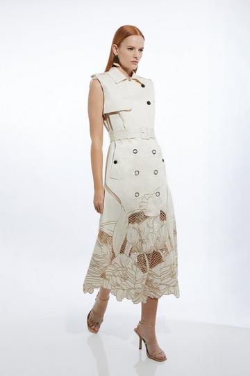 Tall Tailored Cotton Cutwork Embroidered Belted Trench Style Midaxi Dress ivory