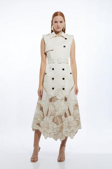 Tailored Cotton Cutwork Embroidered Belted Trench Style Midaxi Dress ivory