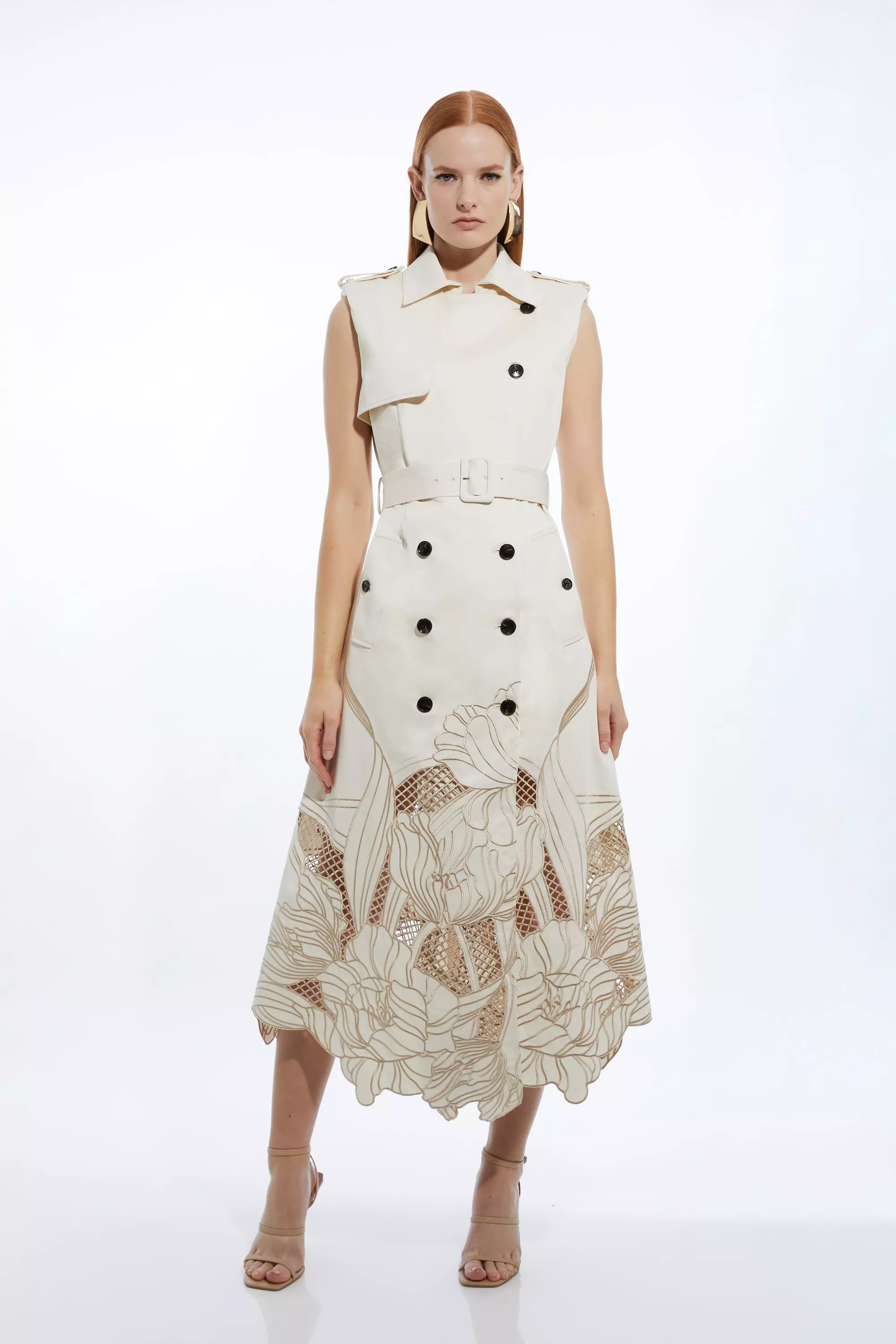 Ivory Tailored Cotton Cutwork Embroidered Belted Trench Style Midaxi Dress alternative image