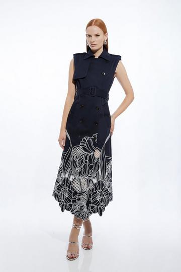 Tailored Cotton Cutwork Embroidered Belted Trench Style Midaxi Dress navy