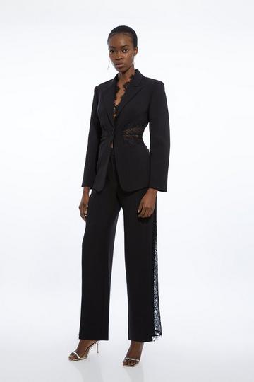 Petite Tailored Lace Detail Straight Leg Trousers black