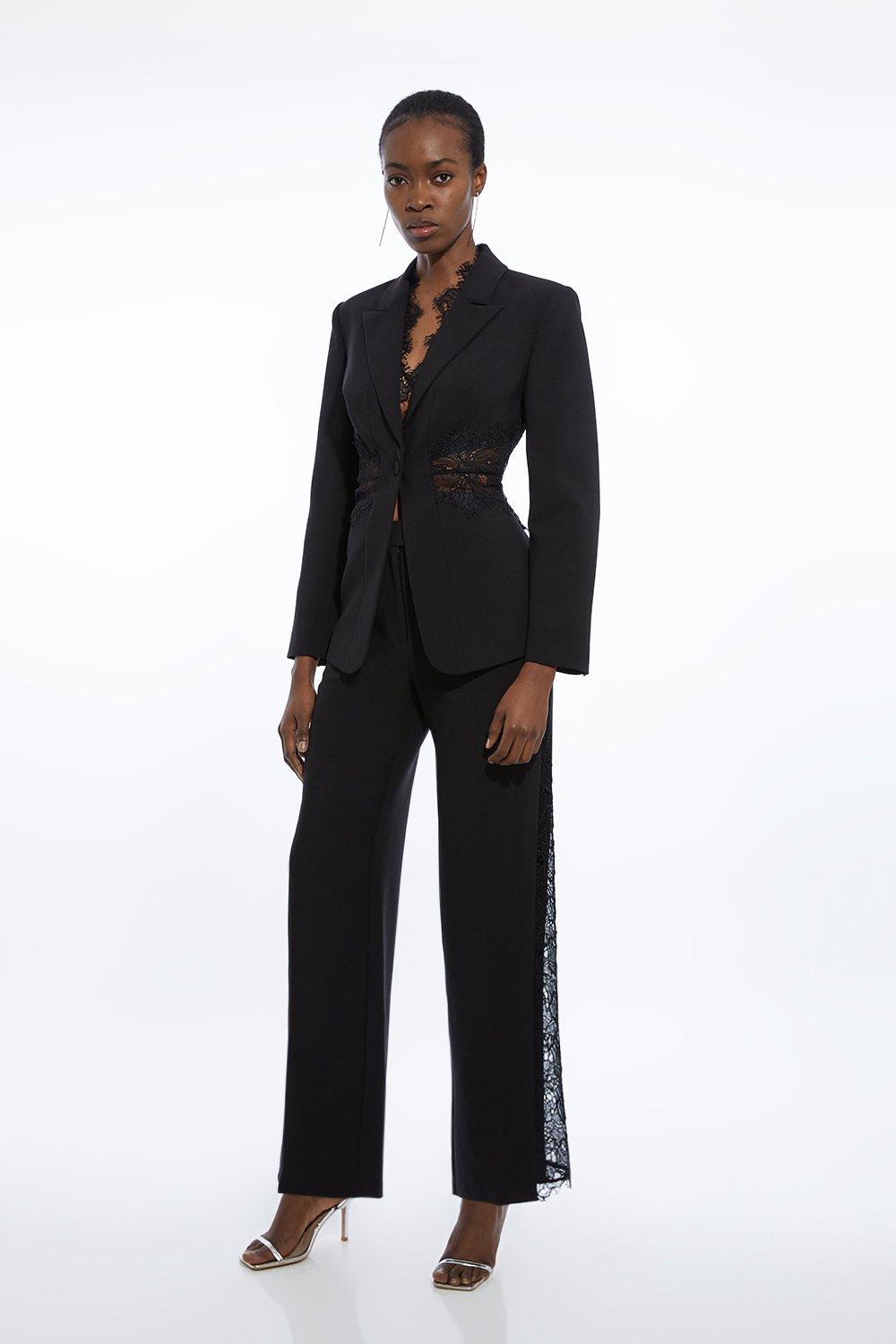 Black Tailored Lace Detail Straight Leg Pants