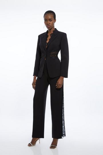 Black Tailored Lace Detail Straight Leg Trousers