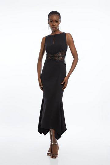 Black Petite Tailored Lace Waist Detail Midi Dress