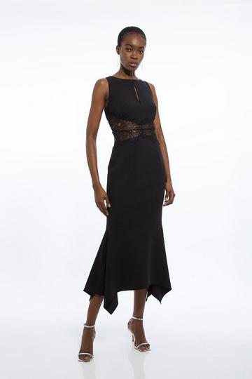 Tailored Lace Waist Detail Midi Dress black