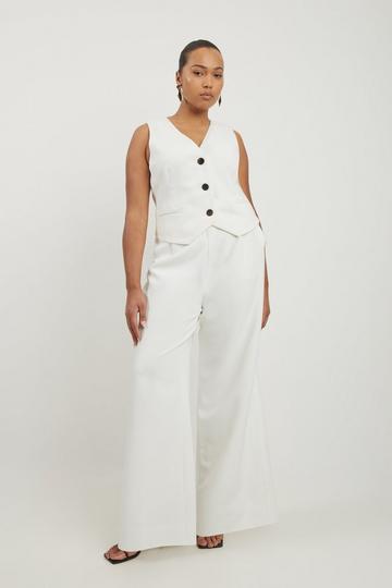 Plus Size Clean Tailored Grosgrain Tipped Wide Leg Trousers ivory