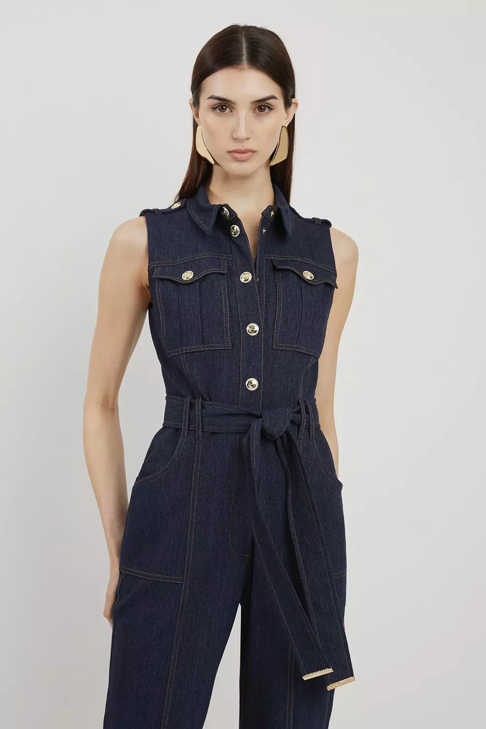 Tall Tailored Denim Belted Shirt Wide Leg Jumpsuit | Karen