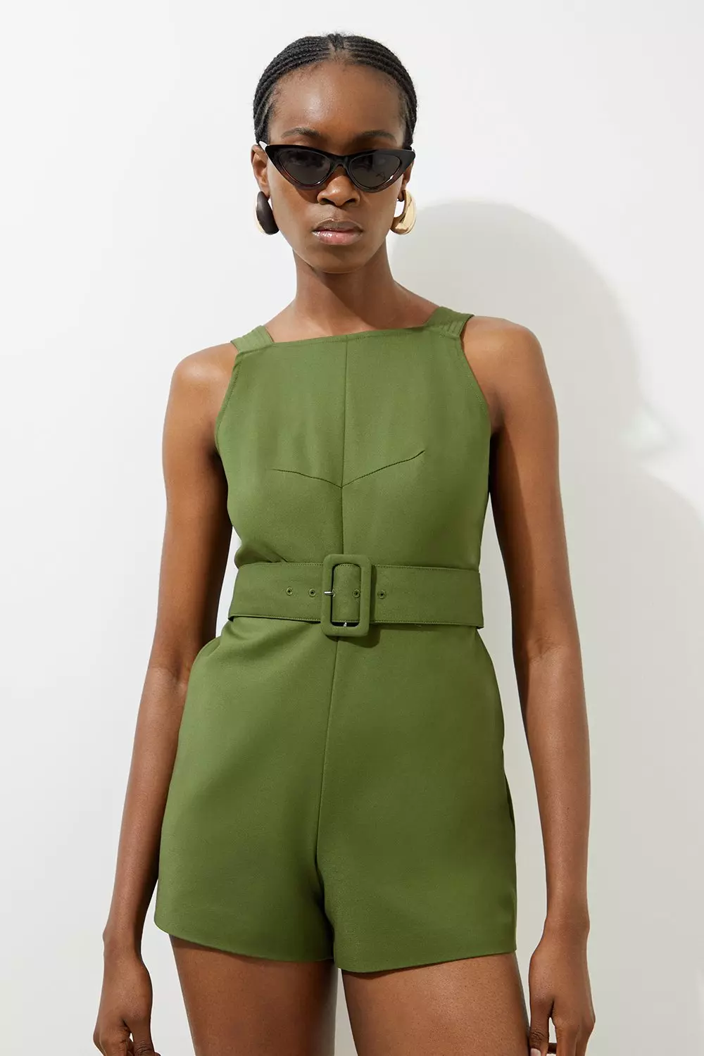 Petite Cotton Sateen Utility Woven Belted Strappy Playsuit Karen Millen