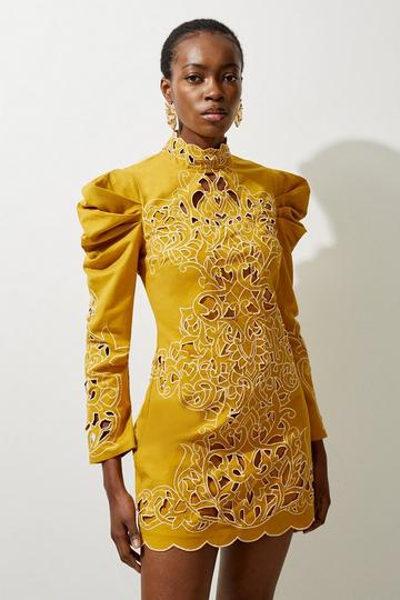 Yellow Cutwork Cotton Woven Drama Sleeve Dress