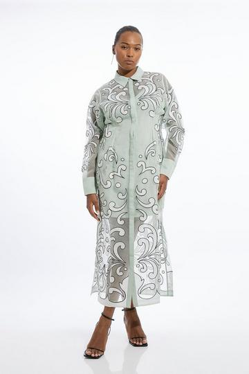 Plus Size Applique Organdie Woven Midi Shirt Dress sage
