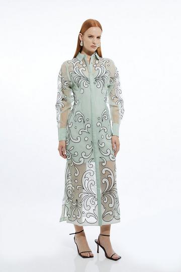 Applique Organdie Woven Midi Shirt Dress sage