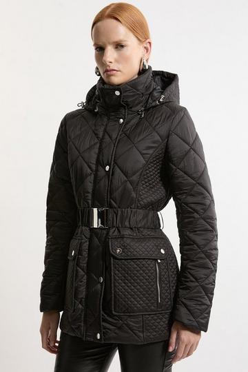 Black Diamond Quilted Belted Short Padded Coat