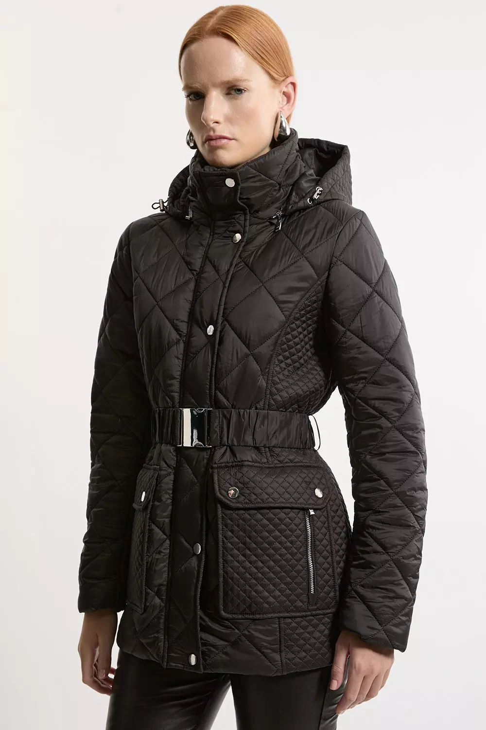 Diamond Quilted Belted Short Padded Coat Karen Millen