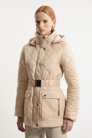 Diamond Quilted Belted Short Padded Coat ivory