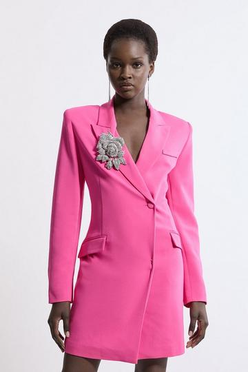 Petite Tailored Viscose Crystal Embellished Blazer Mini Dress pink