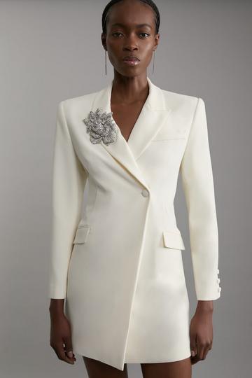 Tailored Viscose Crystal Embellished Blazer Mini Dress ivory