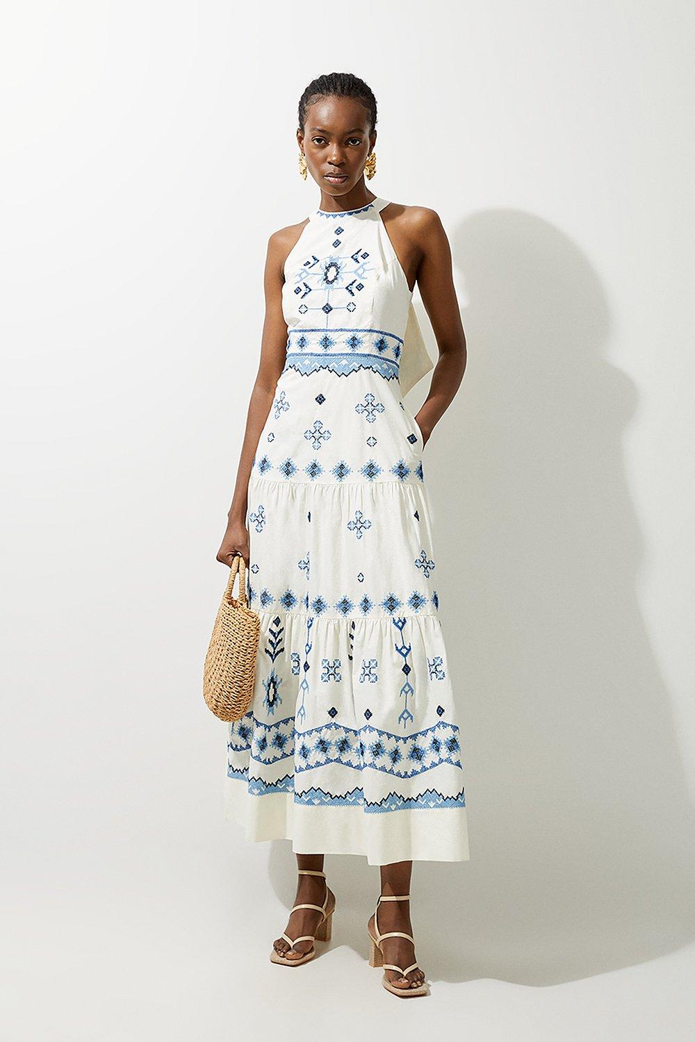 Petite Cotton Embroidered Woven Halter Maxi Dress | Karen Millen