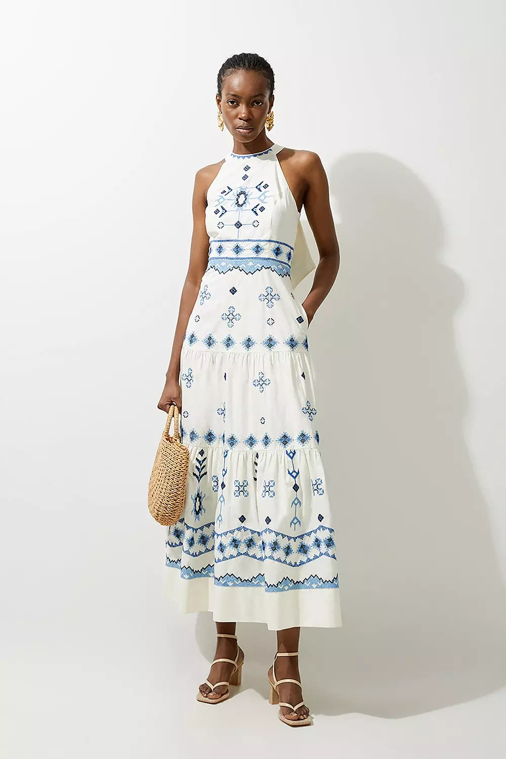 Blue Petite Cotton Embroidered Woven Halter Maxi Dress alternative image