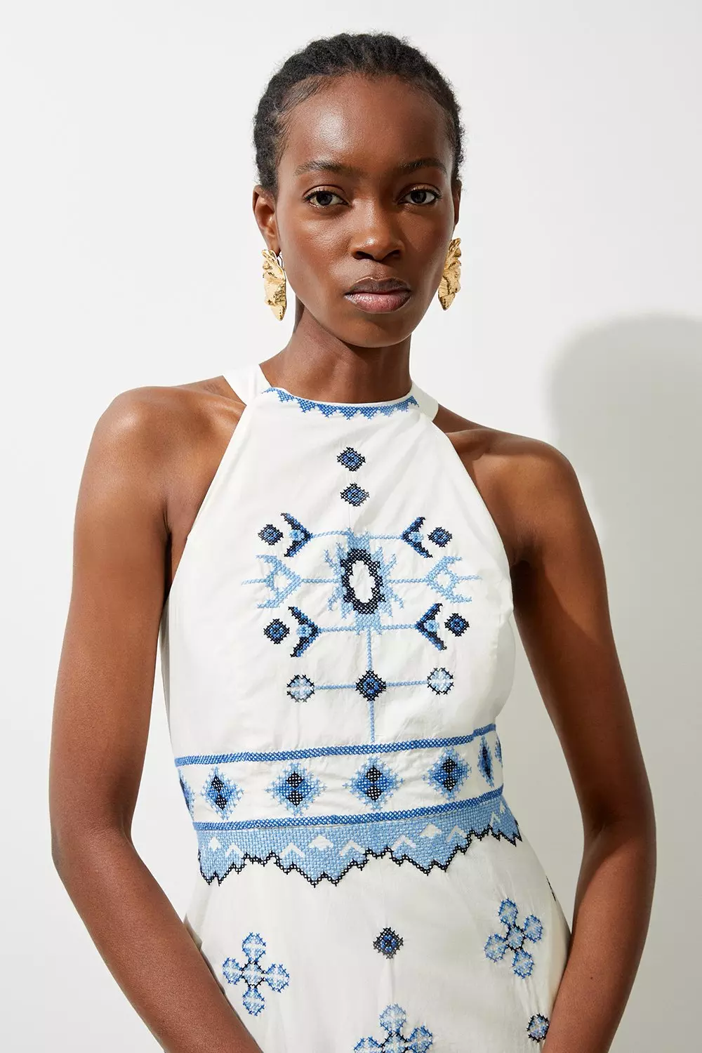 Blue Petite Cotton Embroidered Woven Halter Maxi Dress alternative image