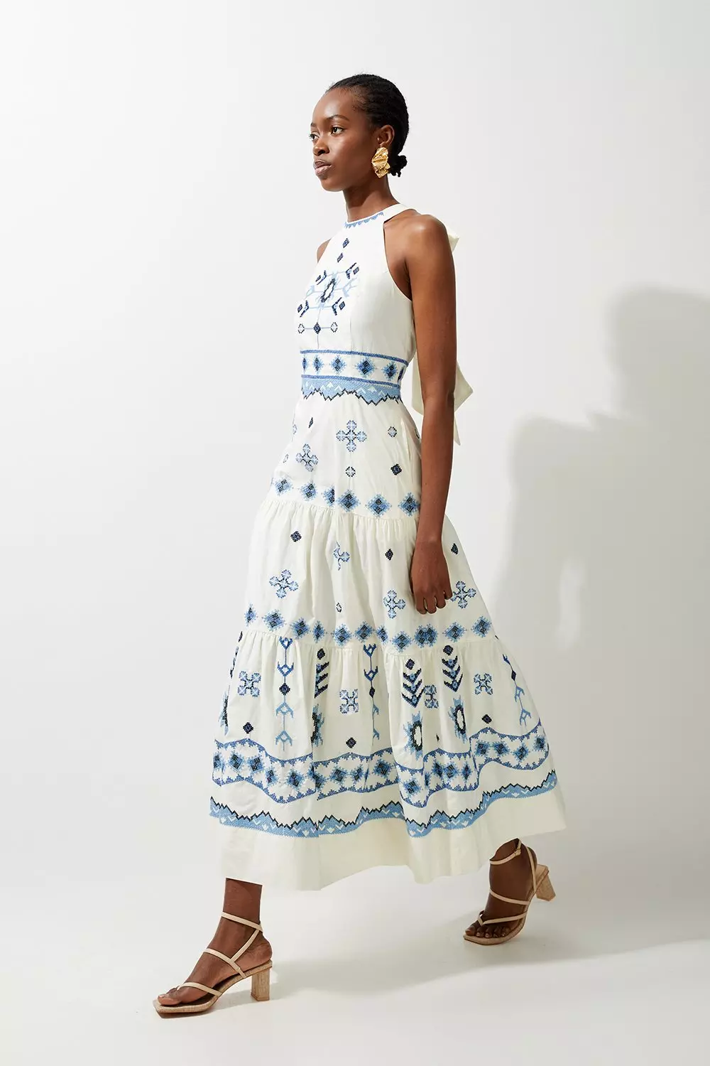Blue Petite Cotton Embroidered Woven Halter Maxi Dress alternative image