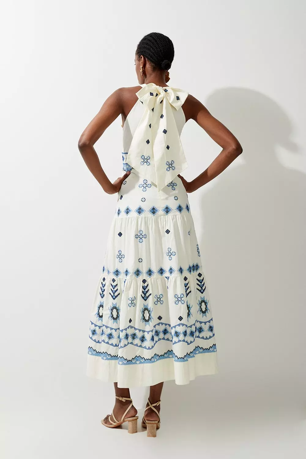 Blue Petite Cotton Embroidered Woven Halter Maxi Dress alternative image