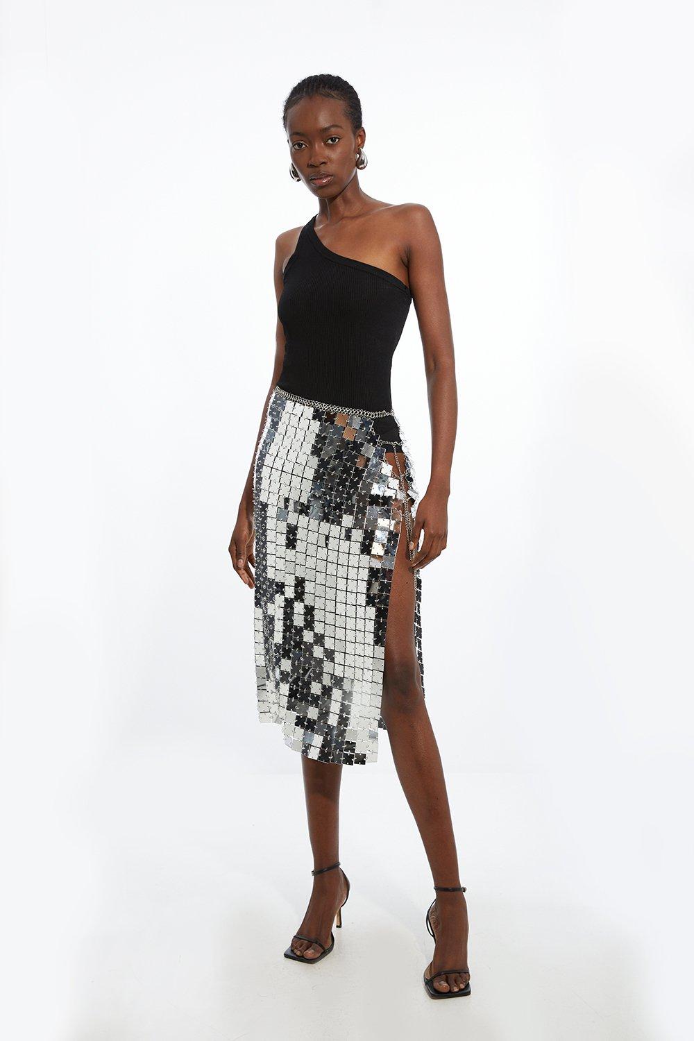 Pewter Mirrored Chainmail Wrap Midaxi Skirt