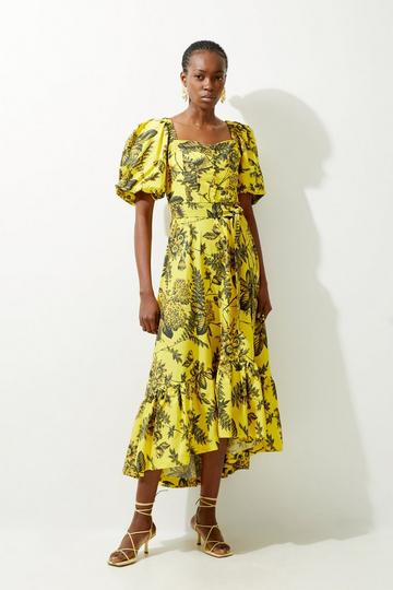 Yellow Batik Floral Cotton Top Stitch High Low Midi Dress