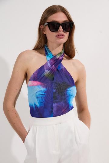Printed Mesh Cross Neck Bodysuit purple