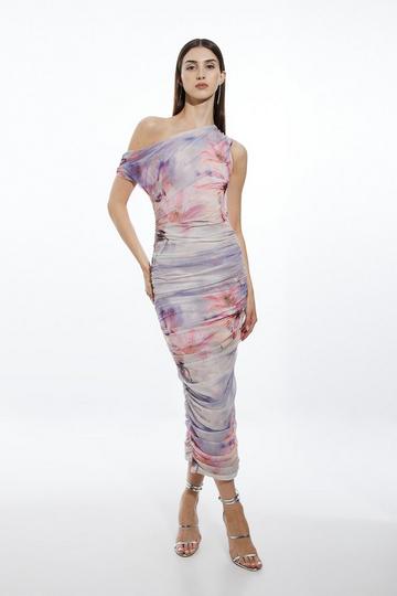 Blossom Printed Mesh Jersey One Shoulder Midi Dress blush