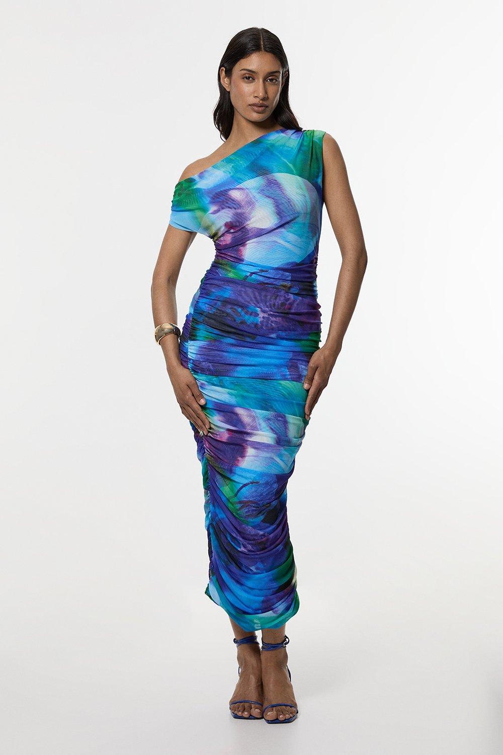 Printed Mesh Jersey One Shoulder Midi Dress | Karen Millen