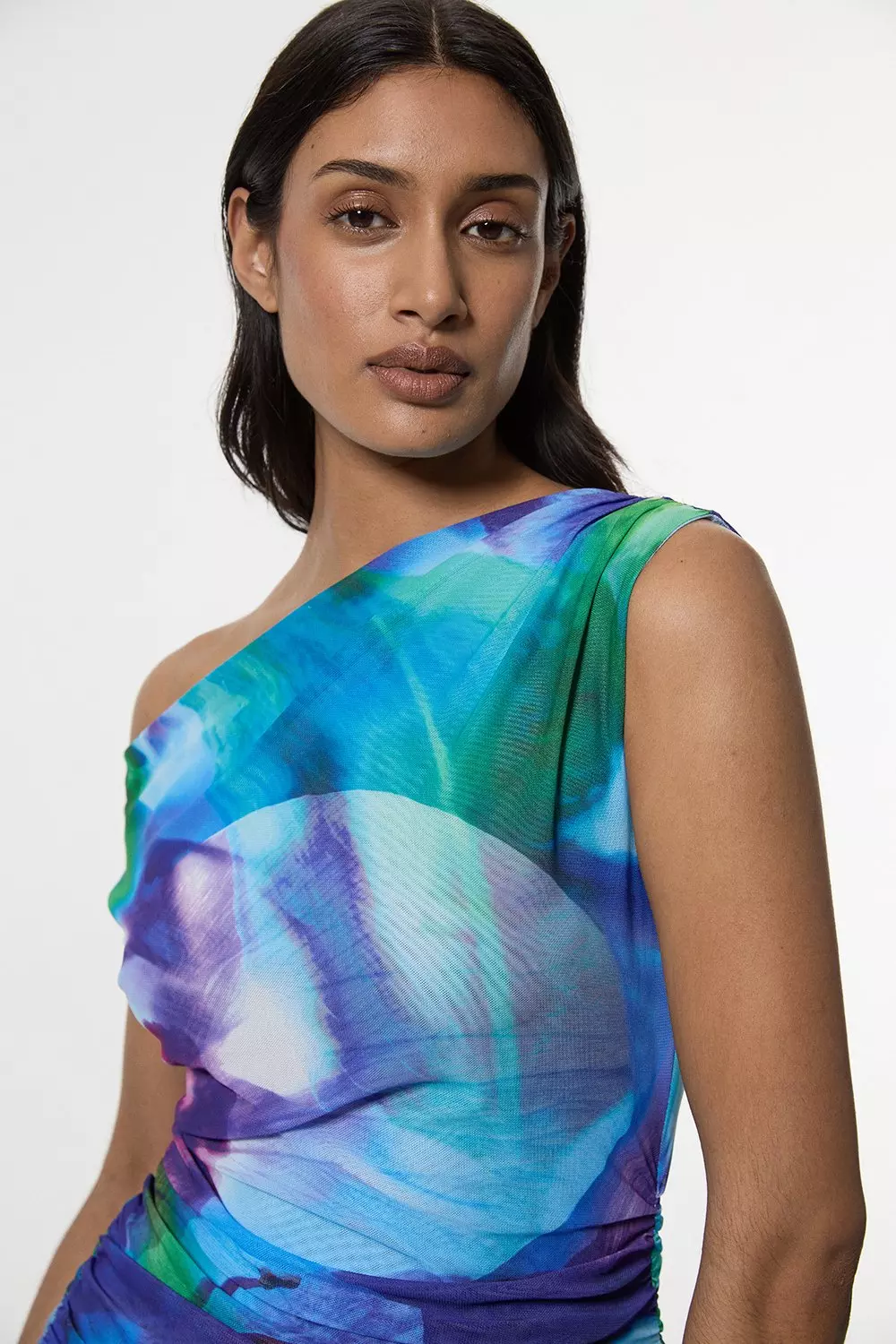 Printed Mesh Jersey One Shoulder Midi Dress | Karen Millen