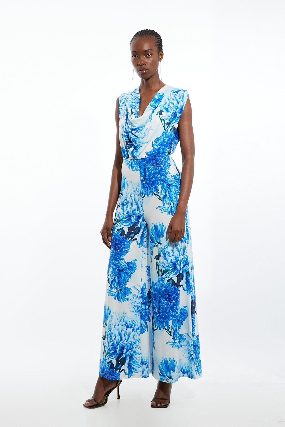 Blue Floral Printed Drapey Jersey Cowl Neck Wide Leg Jumpsuit