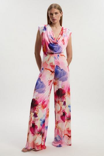 Multi Floral Printed Drapey Jersey Cowl Neck Wide Leg Jumpsuit