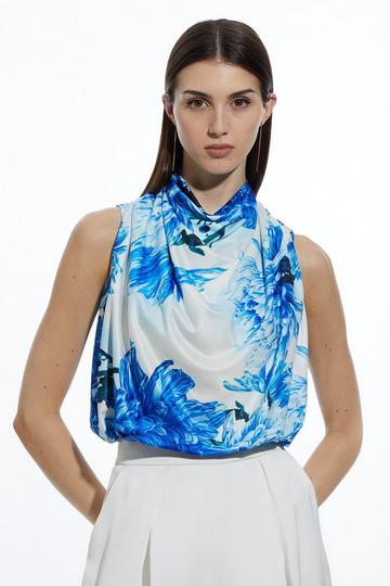 Blue Floral Printed Drapey Jersey High Neck Bodysuit