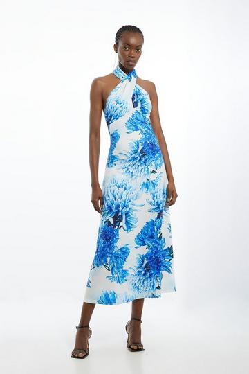 Blue Floral Printed Drapey Jersey Twist Neck Maxi Dress