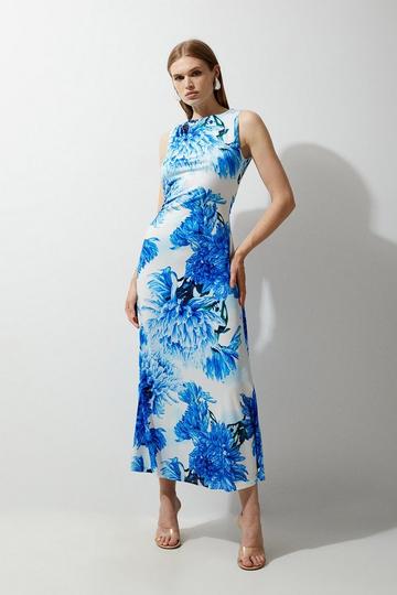 Blue Floral Printed Drapey Jersey Maxi Dress