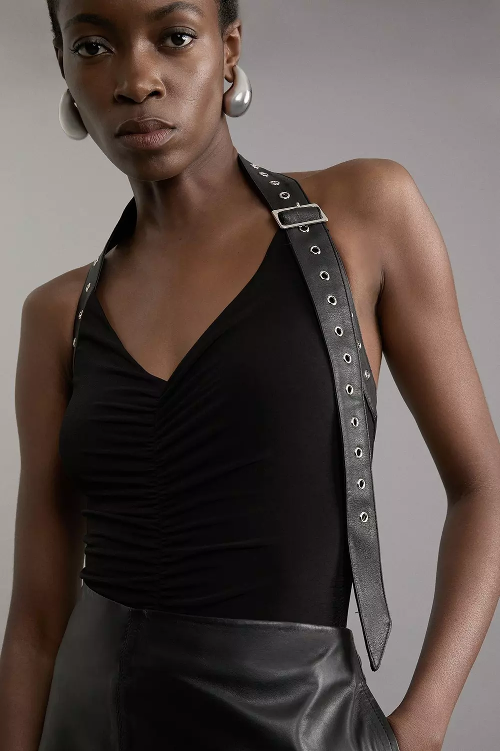 Jersey Crepe And Pu Mix Jersey Halter Bodysuit Karen Millen