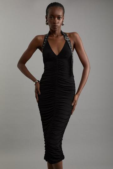 Black Jersey Crepe And Pu Mix Halter Maxi Dress