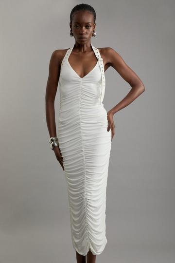 Jersey Crepe And Pu Mix Halter Maxi Dress ivory