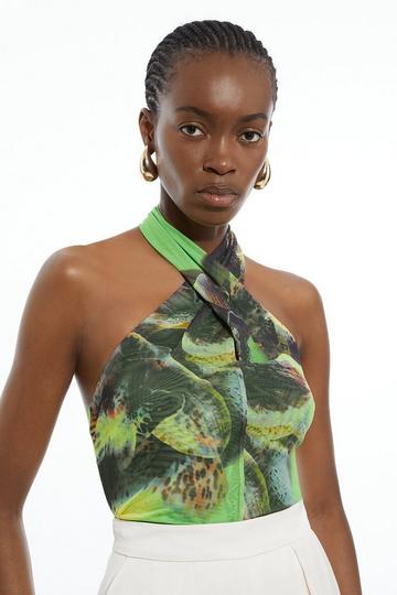Green Abstract Printed Mesh Cross Neck Bodysuit