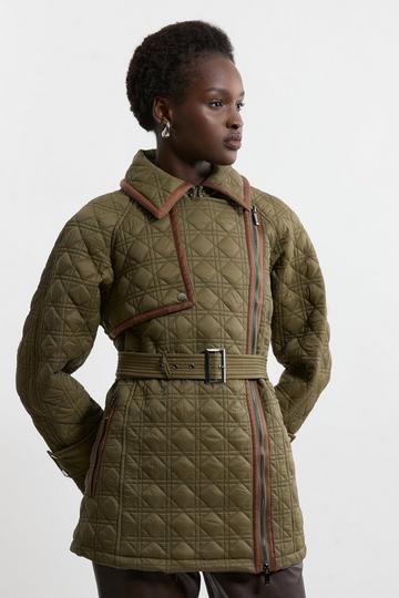 Petite Diamond Quilted Belted Short Puffer Pu Tab Trench Jacket khaki