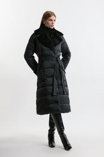 Black Faux Fur Lined Belted Longline Puffer Coat