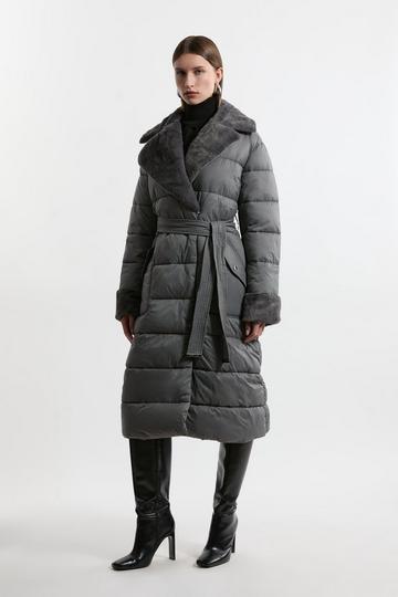 Faux Fur Lined Belted Longline Puffer Coat grey