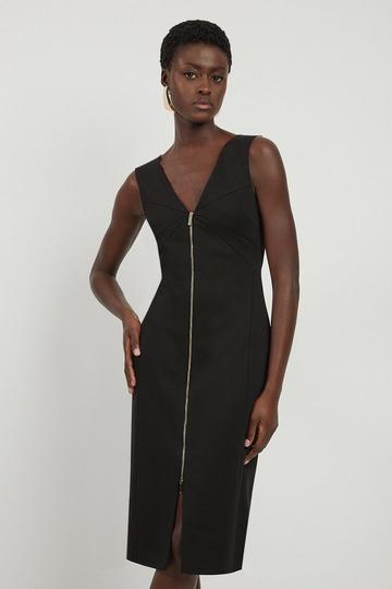 Italian Structured Stretch Zip Through Pencil Tailored Midaxi Dress black