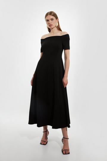 Italian Structured Rib Bardot Tailored Midi Dress black